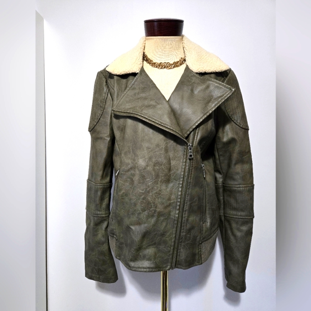 SAM EDELMAN Faux Leather Jacket with Cream Sherpa Collar. Size Large